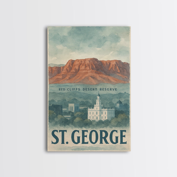 St George Travel Poster, Framed Canvas Print, Watercolor Cityscape Wall Art, St George City Art, Travel Poster Art, Watercolor Cityscape
