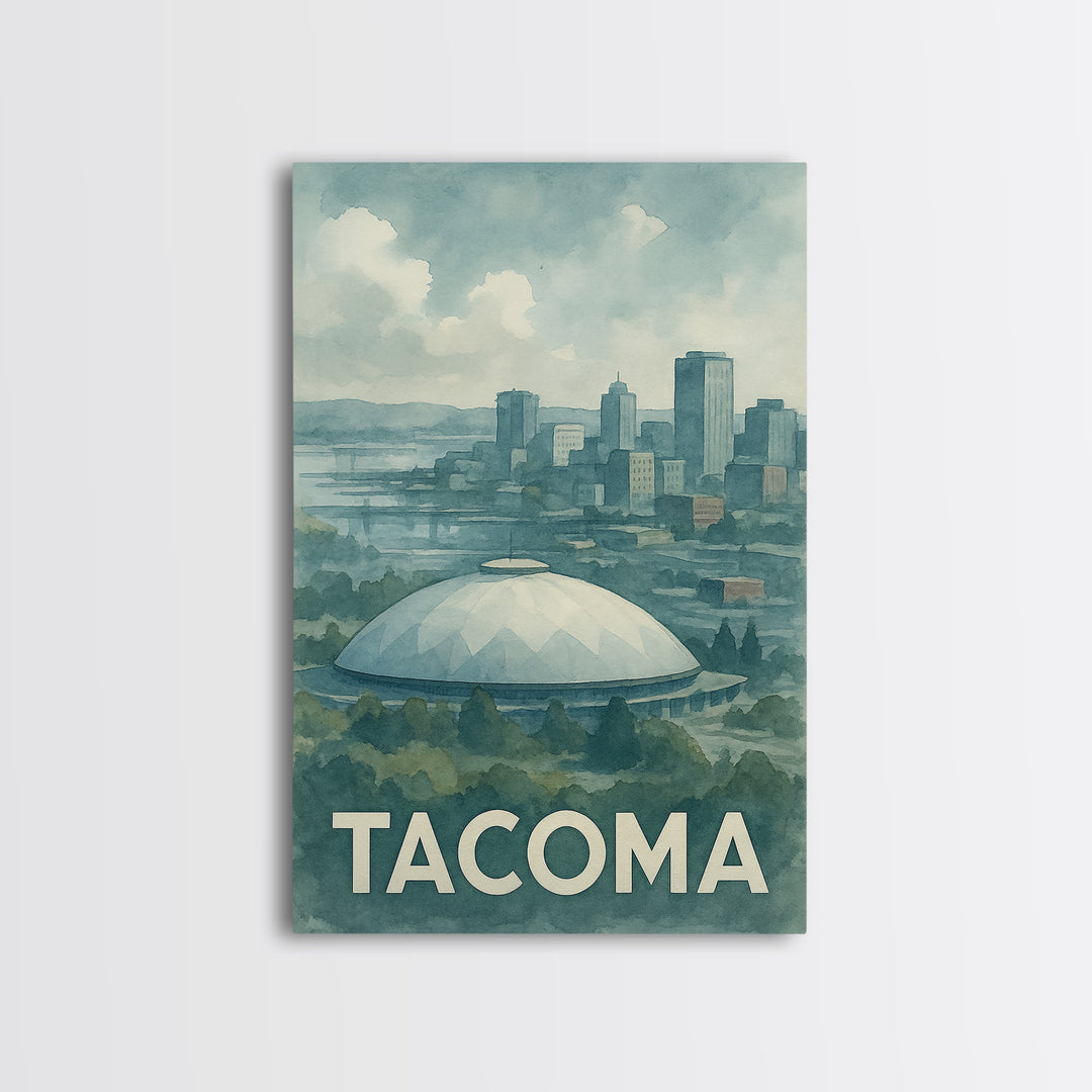 Tacoma Washington Travel Poster, Framed Canvas Print, Soft Watercolor Travel Art, Tacoma Wall Art, Travel Poster Art, Watercolor Skyline Art