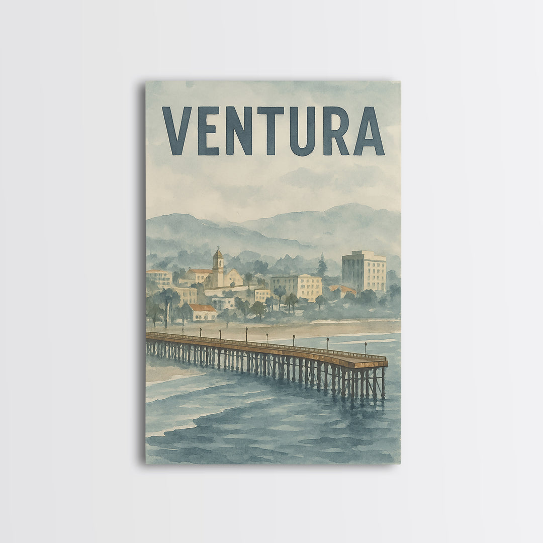 Ventura California Travel Poster, Framed Canvas Print, Soft Watercolor Travel Art, Ventura Wall Art, City Illustration, Travel Poster Set