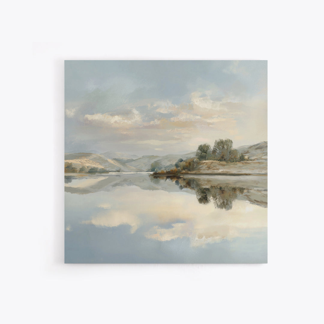 Peaceful Lake Reflection at Dawn Framed Canvas Print, Waiting Room Art, Photography Print, Waiting Room Decor, Watercolor Art, WRA-1x1-100
