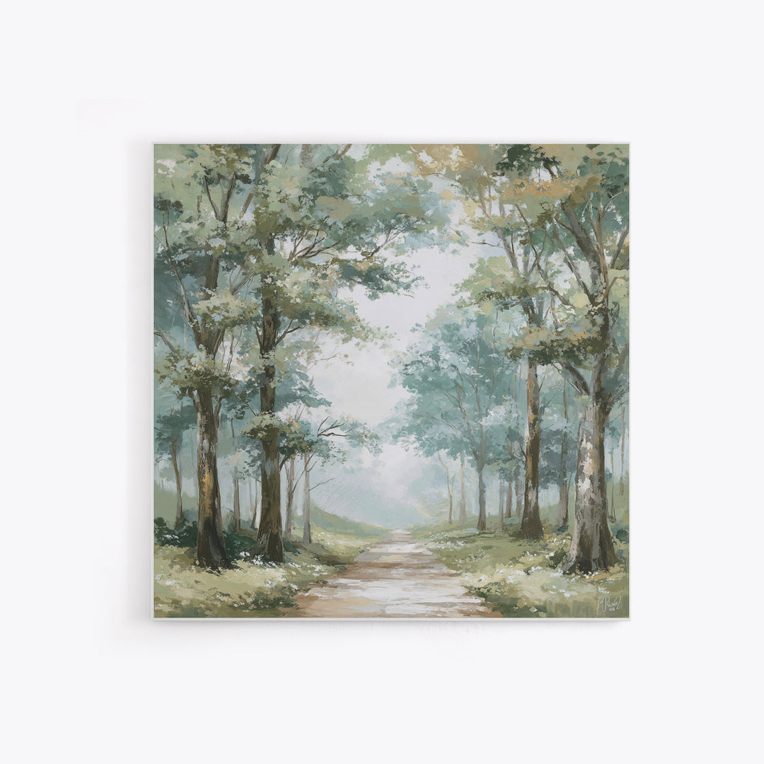 Misty Forest Path Framed Canvas Print, Waiting Room Art, Living Room Wall Art, Waiting Room Decor, Calm, Soundwave Art, WRA-1x1-11