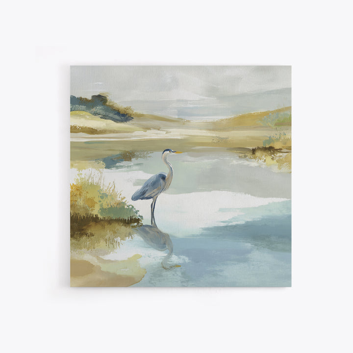 Blue Heron in Quiet Marsh Framed Canvas Print, Waiting Room Art, Wall Decor, Waiting Room Decor, Calm, Minimalist Wall Art, WRA-1x1-12