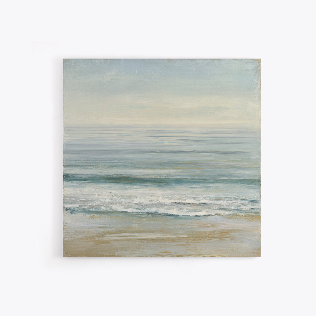 Coastal Horizon with Pale Sand and Water Framed Canvas Print, Waiting Room Art, Statement Artwork, Waiting Room Decor, Calm, WRA-1x1-57