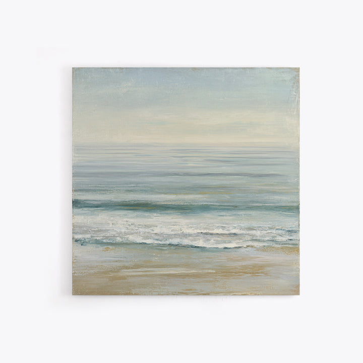 Coastal Horizon with Pale Sand and Water Framed Canvas Print, Waiting Room Art, Statement Artwork, Waiting Room Decor, Calm, WRA-1x1-57
