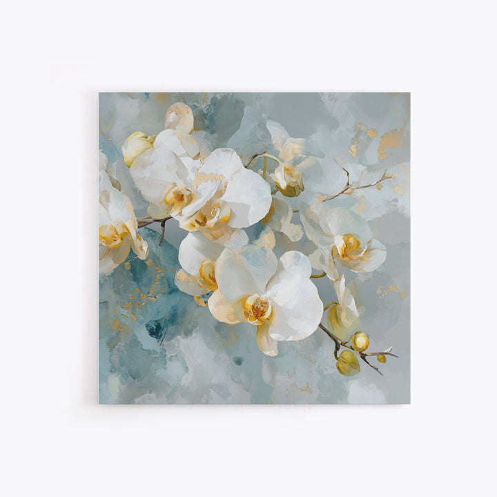 White Orchid on Light Gray Ground Framed Canvas Print, Waiting Room Art, Fine Art Print, Waiting Room Decor, Oil Painting, Calm, WRA-1x1-79