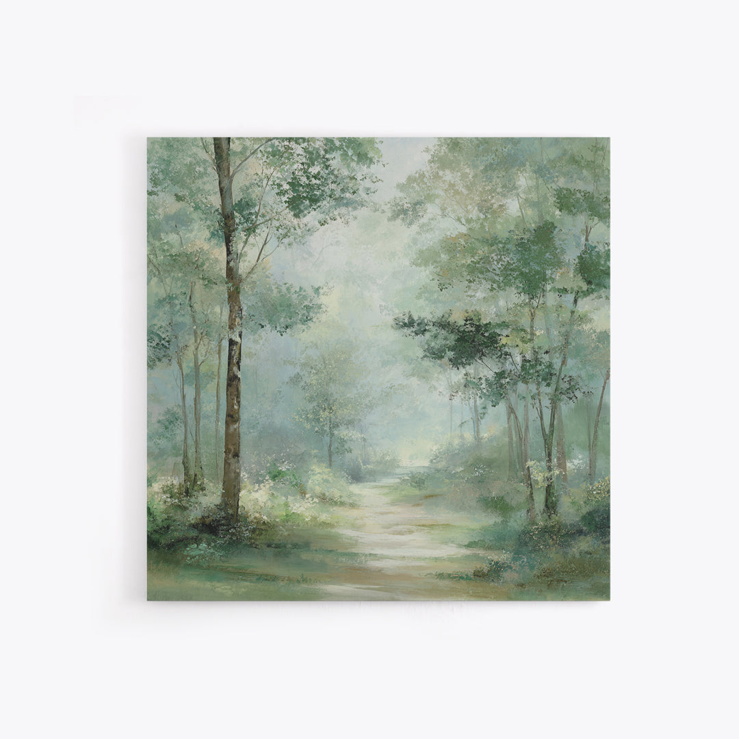 Misty Forest Path Framed Canvas Print, Waiting Room Art, Statement Artwork, Waiting Room Decor, Oil Painting, Calm, Wall Decor, WRA-1x1-83
