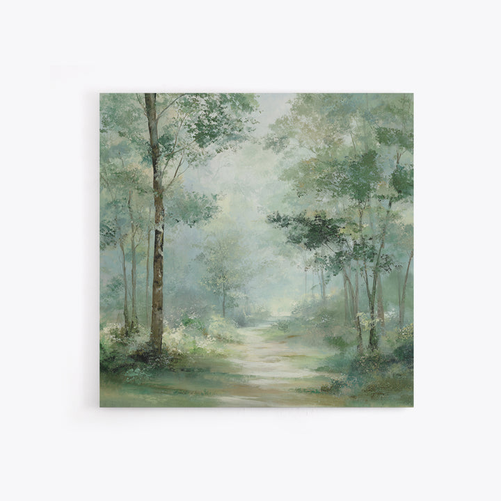 Misty Forest Path Framed Canvas Print, Waiting Room Art, Statement Artwork, Waiting Room Decor, Oil Painting, Calm, Wall Decor, WRA-1x1-83
