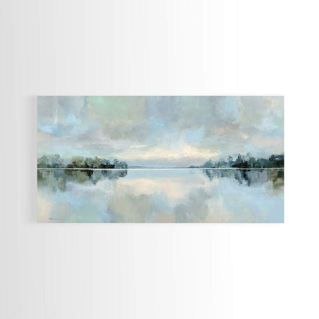 Peaceful Lake Reflection at Dawn Framed Canvas Print, Waiting Room Art, Waiting Room Decor, Oil Painting, Calm, WRA-2x1-24