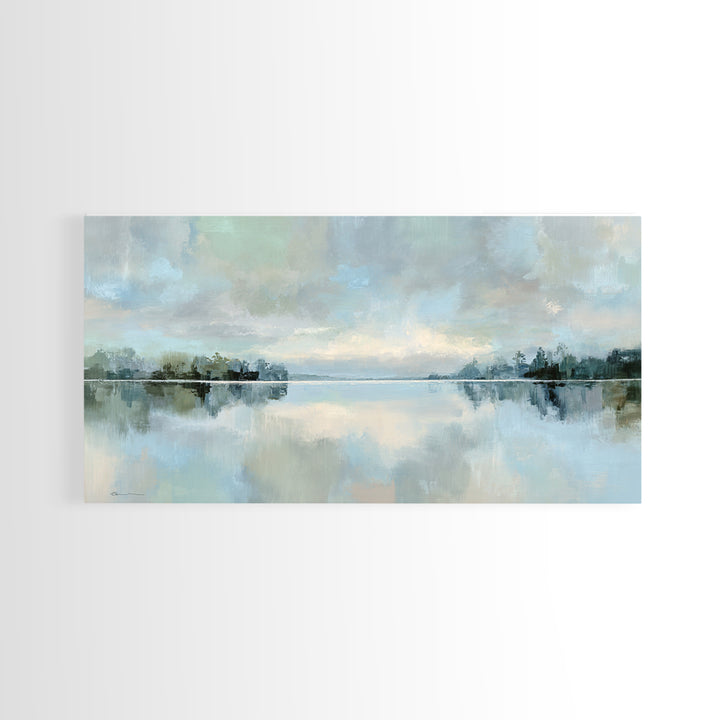 Peaceful Lake Reflection at Dawn Framed Canvas Print, Waiting Room Art, Waiting Room Decor, Oil Painting, Calm, WRA-2x1-24
