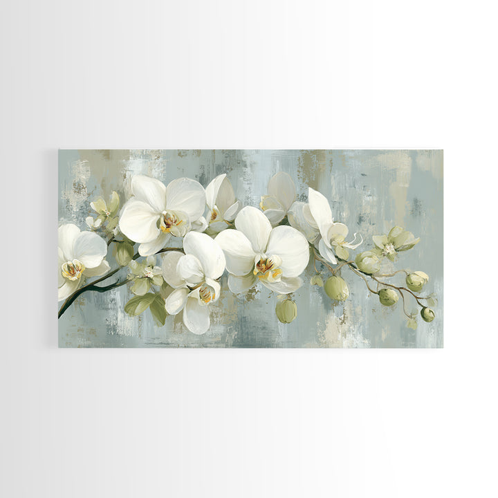 White Orchid on Light Gray Ground Framed Canvas Print, Waiting Room Art, Fine Art Print, Waiting Room Decor, Oil Painting, Calm, WRA-2x1-27