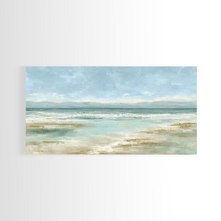 Coastal Horizon with Pale Sand and Water Framed Canvas Print, Waiting Room Art, Art, Waiting Room Decor, Fine Art, Calm, WRA-2x1-29