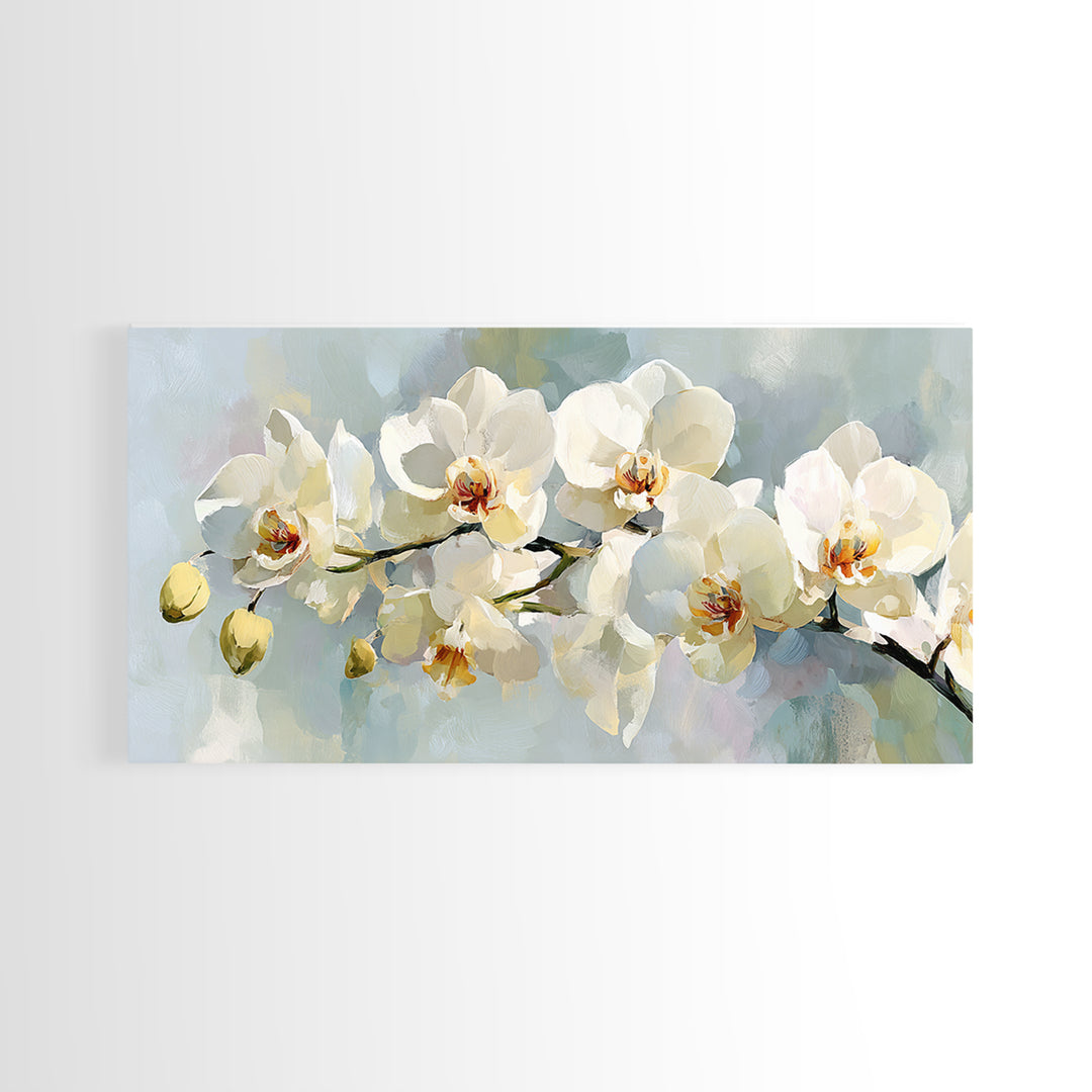 White Orchid on Light Gray Ground Framed Canvas Print, Waiting Room Art, Wall Sculpture, Waiting Room Decor, Fine Art, Calm, WRA-2x1-3