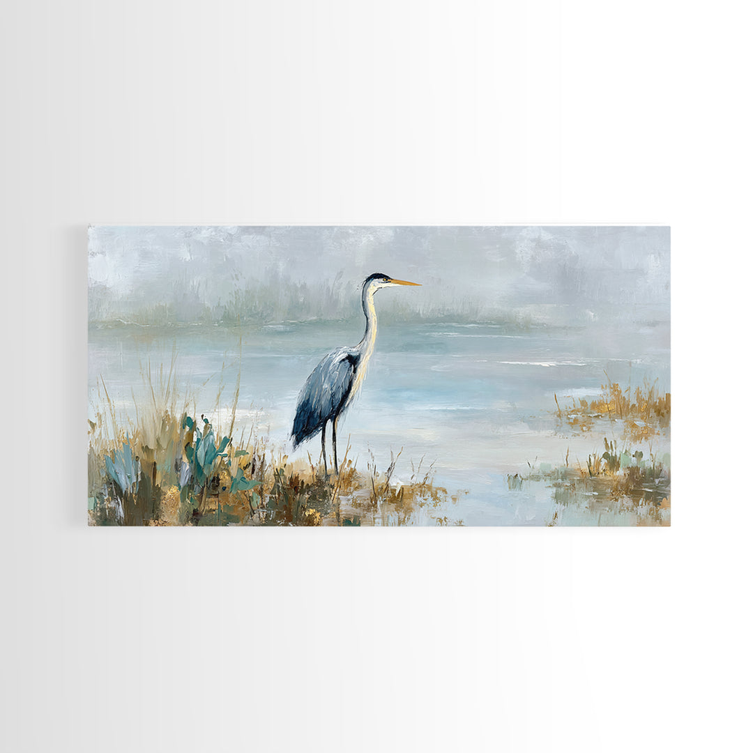 Blue Heron in Quiet Marsh Canvas Print, Waiting Room Art, Waiting Room Decor, Oil Painting, Calm, Living Room Wall Art, WRA-2x1-32