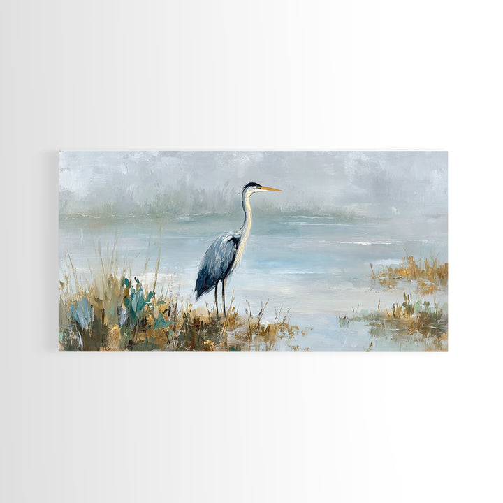 Blue Heron in Quiet Marsh Canvas Print, Waiting Room Art, Waiting Room Decor, Oil Painting, Calm, Living Room Wall Art, WRA-2x1-32