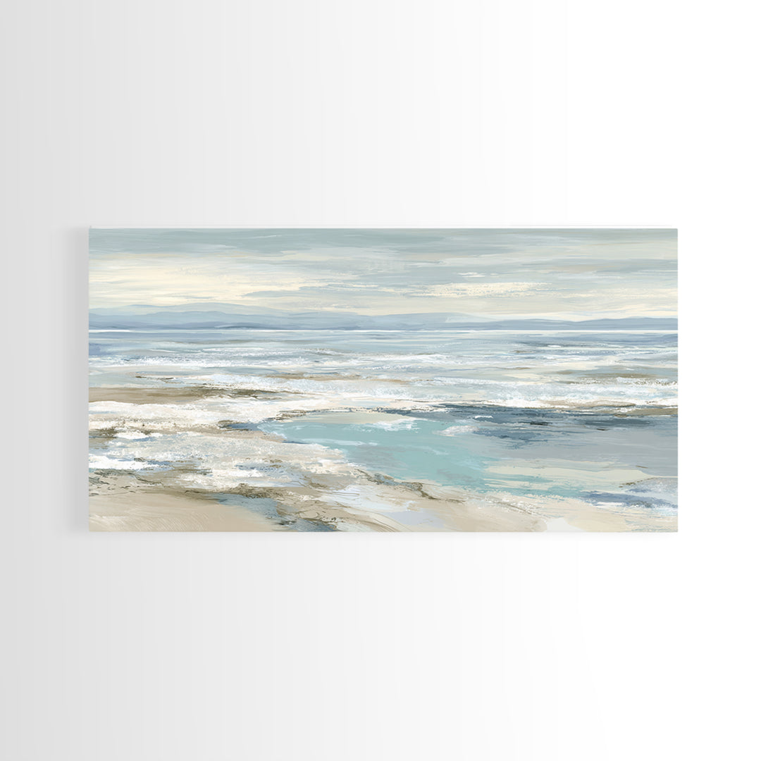 Coastal Horizon with Pale Sand and Water Framed Canvas Print, Waiting Room Art, Art, Waiting Room Decor, Fine Art, Calm, WRA-2x1-5