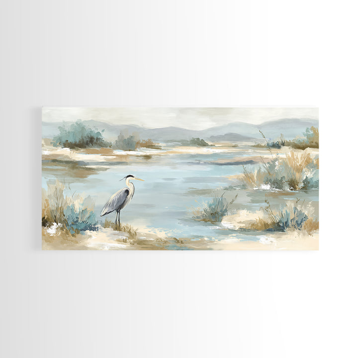 Blue Heron in Quiet Marsh Framed Canvas Print, Waiting Room Art, Office Decor, Waiting Room Decor, Calm, Gallery Wall Art, WRA-2x1-56
