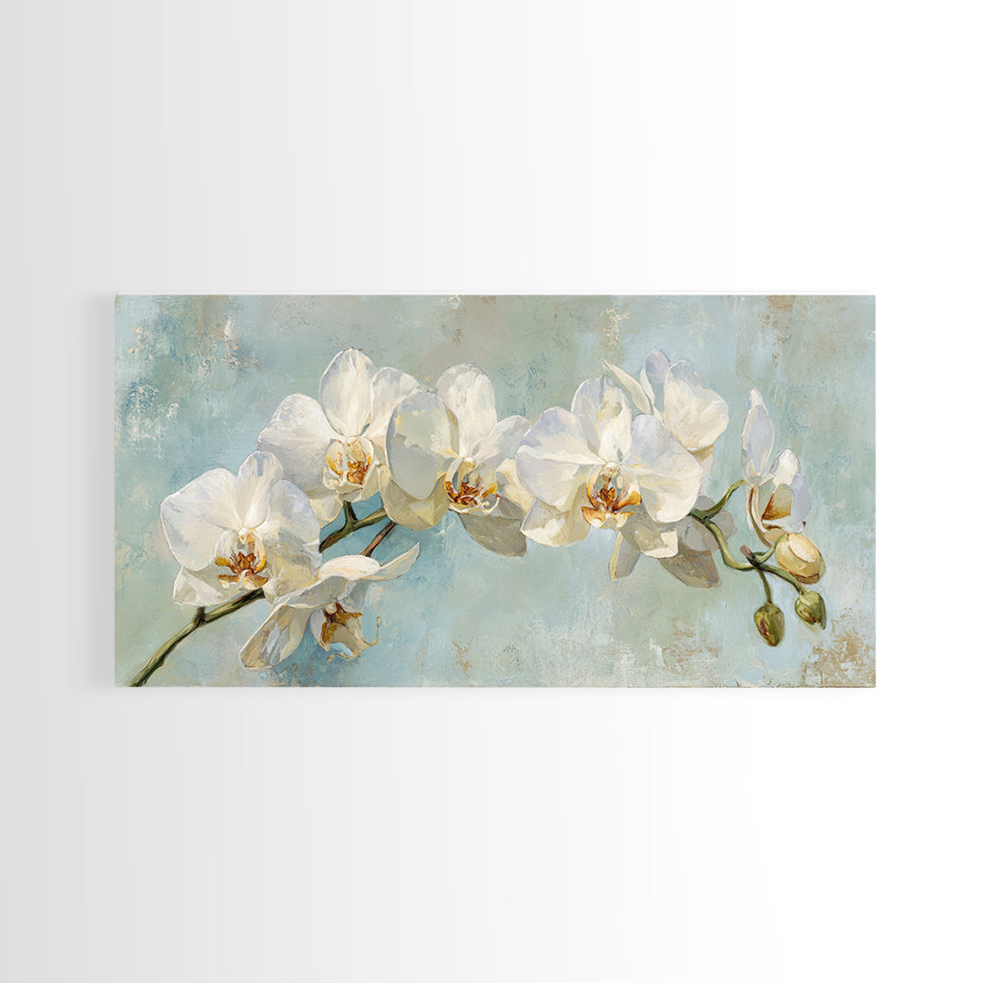 White Orchid on Light Gray Ground Framed Canvas Print, Waiting Room Art, Boho Decor, Waiting Room Decor, Fine Art, Calm, WRA-2x1-75