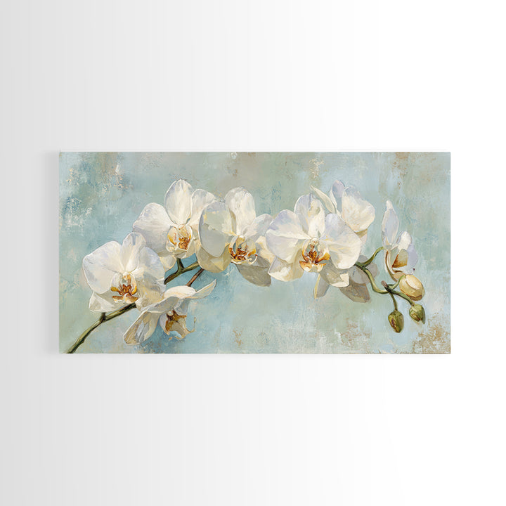 White Orchid on Light Gray Ground Framed Canvas Print, Waiting Room Art, Boho Decor, Waiting Room Decor, Fine Art, Calm, WRA-2x1-75