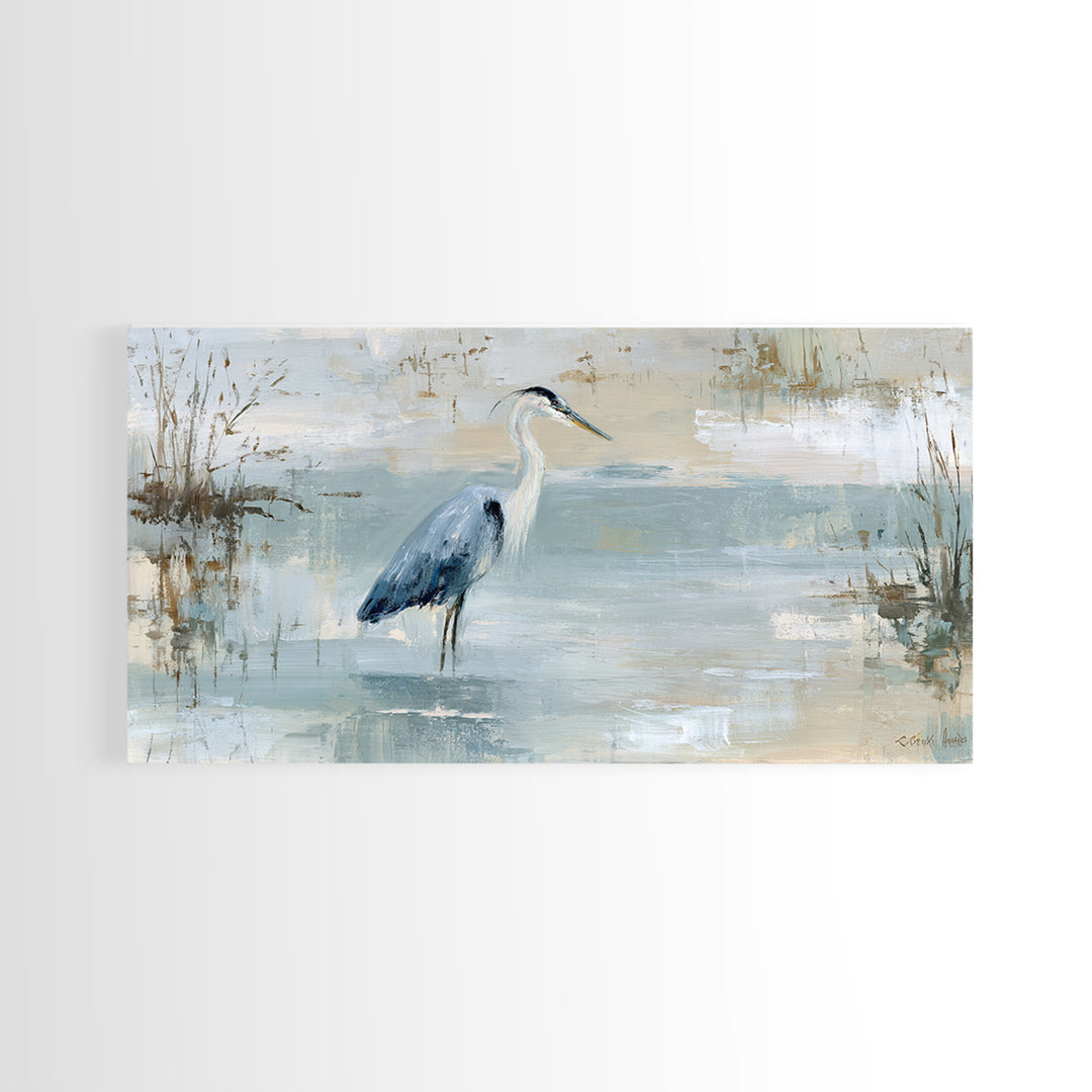 Blue Heron in Quiet Marsh Framed Canvas Print, Waiting Room Art, Office Wall Decor, Waiting Room Decor, Fine Art, Calm, WRA-2x1-80