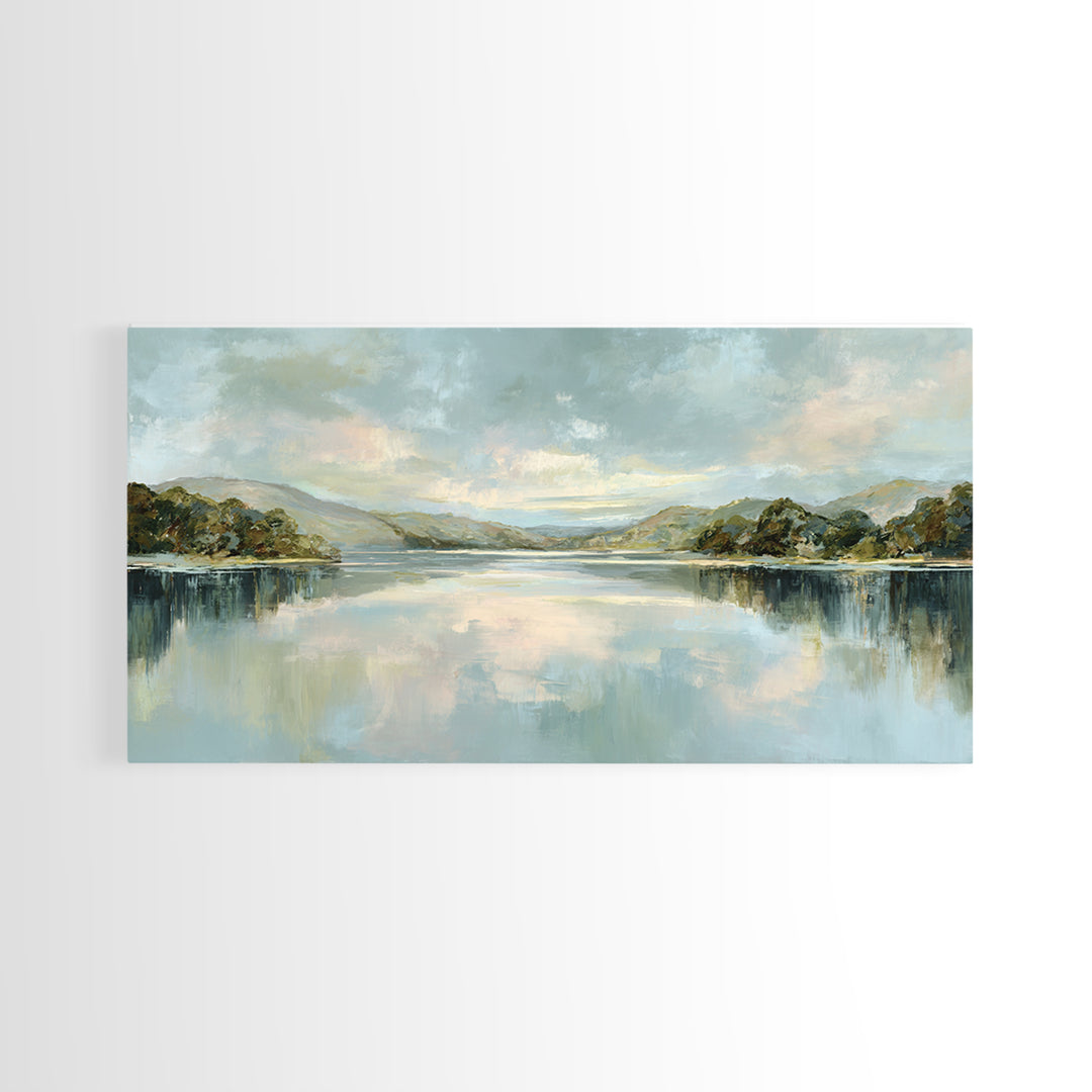 Peaceful Lake Reflection at Dawn Framed Canvas Print, Waiting Room Art, Abstract, Waiting Room Decor, Fine Art, Calm, WRA-2x1-96