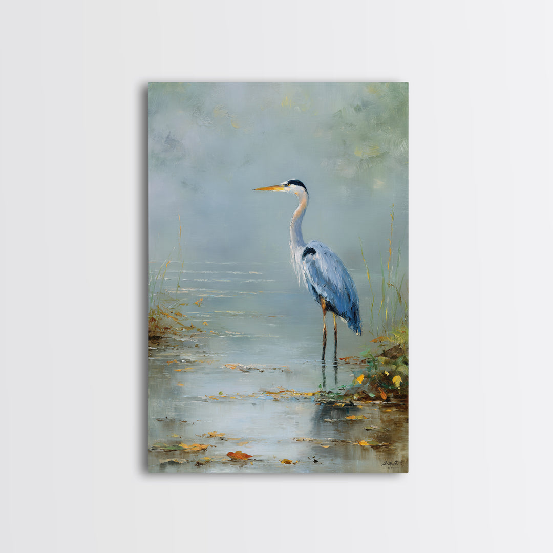 Blue Heron in Quiet Marsh Framed Canvas Print, Waiting Room Art, Original Art, Waiting Room Decor, Oil Painting, Calm, WRA-2x3-20