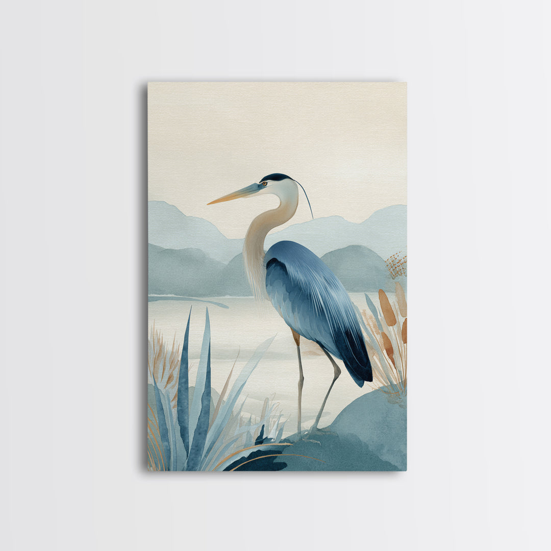 Blue Heron in Quiet Marsh Framed Canvas Print, Waiting Room Art, Fine Art, Waiting Room Decor, Watercolor Art, Calm, WRA-2x3-44