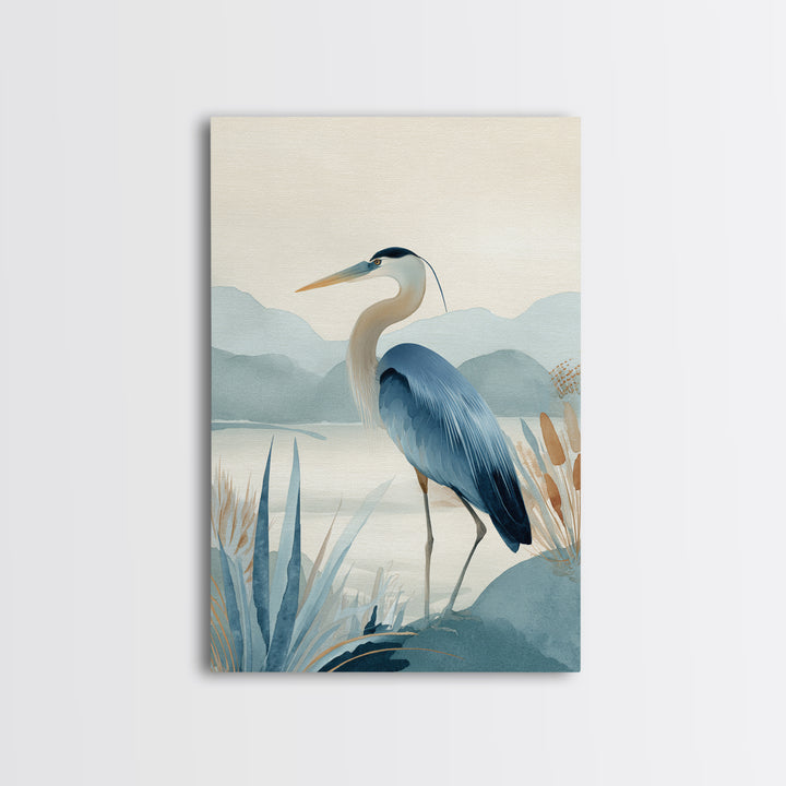 Blue Heron in Quiet Marsh Framed Canvas Print, Waiting Room Art, Fine Art, Waiting Room Decor, Watercolor Art, Calm, WRA-2x3-44