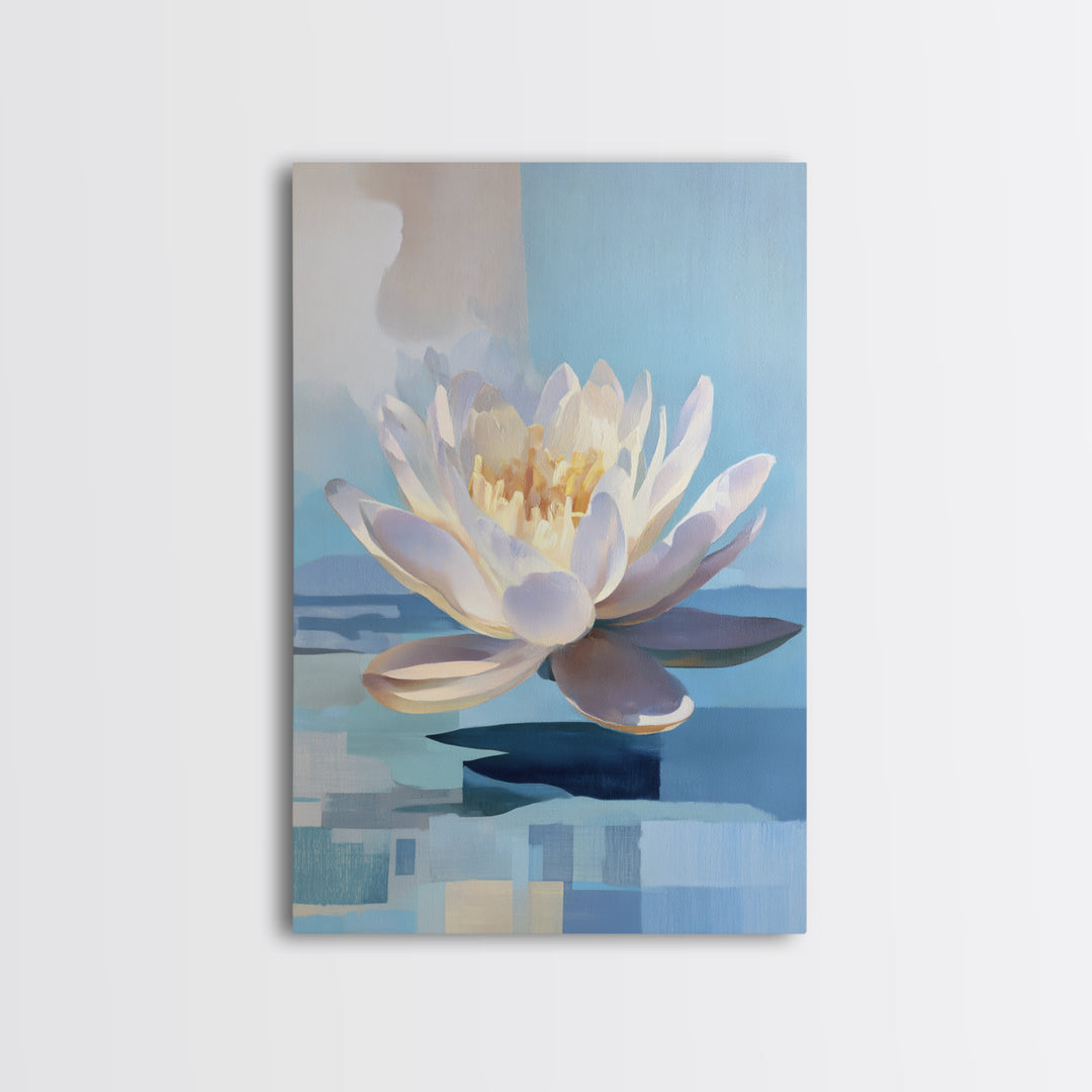 Lotus Flower on Still Water Framed Canvas Print, Waiting Room Art, Wall Art, Waiting Room Decor, Calm, Floral Wall Art, WRA-2x3-47