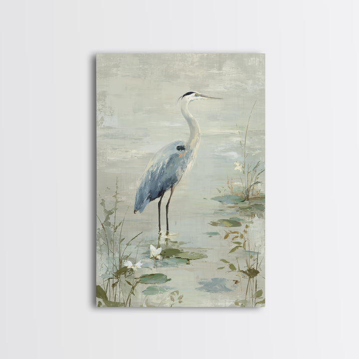Blue Heron in Quiet Marsh Framed Canvas Print, Waiting Room Art, Bedroom Decor, Waiting Room Decor, Fine Art, Calm, Abstract, WRA-2x3-68
