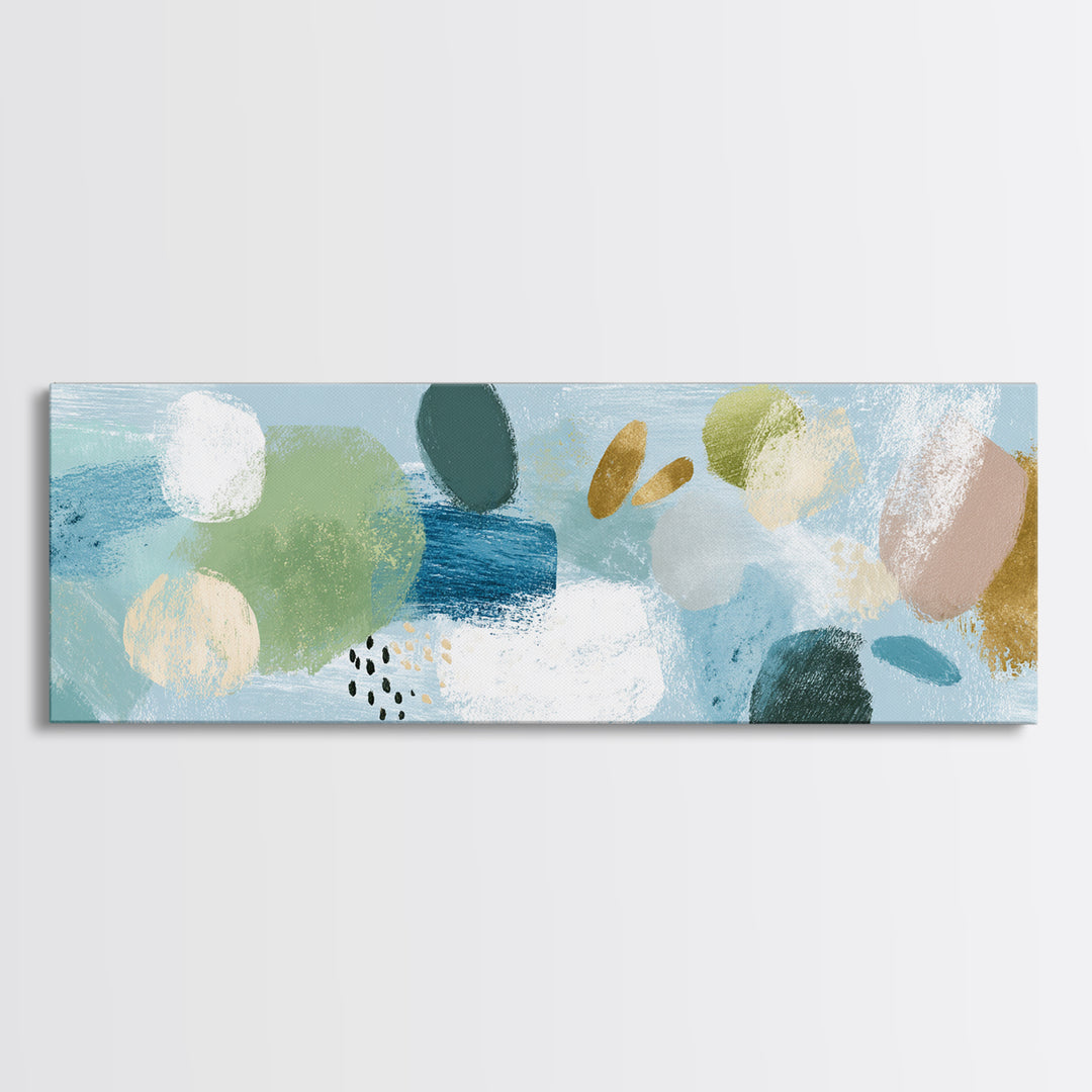Pastel Rainbow Shapes for Pediatric Spaces Framed Canvas Print, Waiting Room Art, Waiting Room Decor, Abstract Art, Calm, WRA-3x1-10