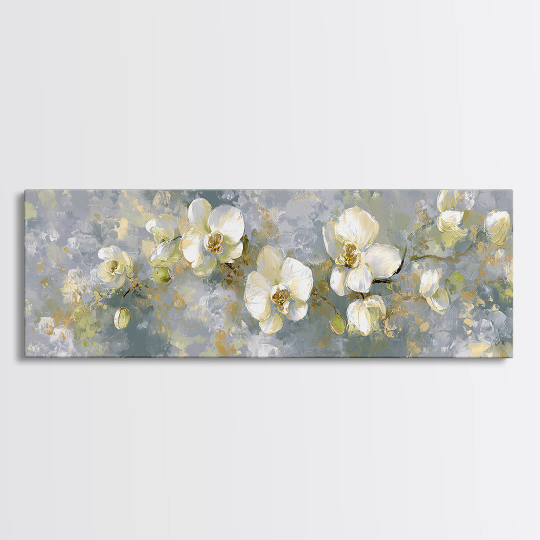 White Orchid on Light Gray Ground Framed Canvas Print, Waiting Room Art, Boho Decor, Waiting Room Decor, Fine Art, Calm, WRA-3x1-23