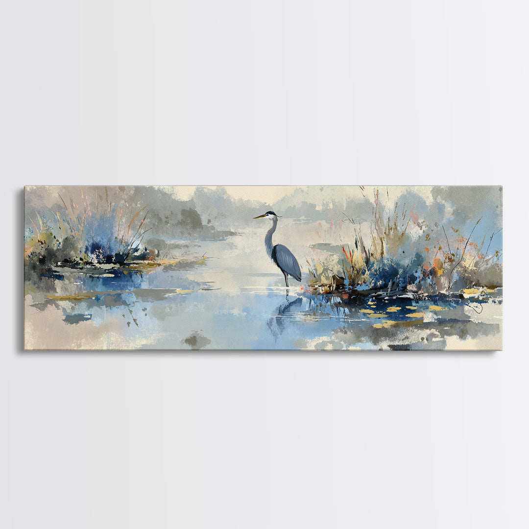 Blue Heron in Quiet Marsh Framed Canvas Print, Waiting Room Art, Dental Art, Waiting Room Decor, Oil Painting, Calm, WRA-3x1-28