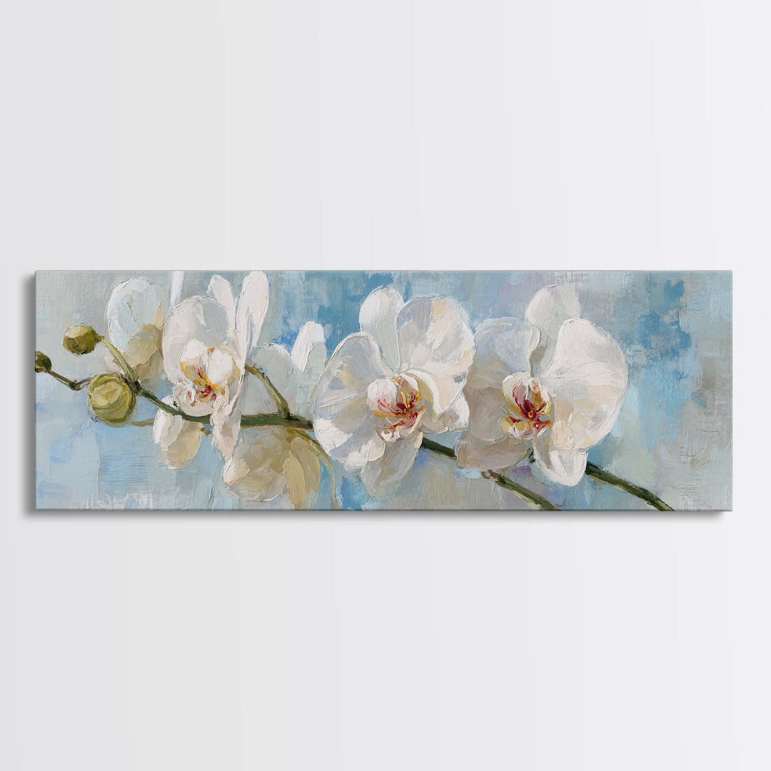 White Orchid on Light Gray Ground Framed Canvas Print, Waiting Room Art, Wall Decor, Waiting Room Decor, Oil Painting, Calm, WRA-3x1-47