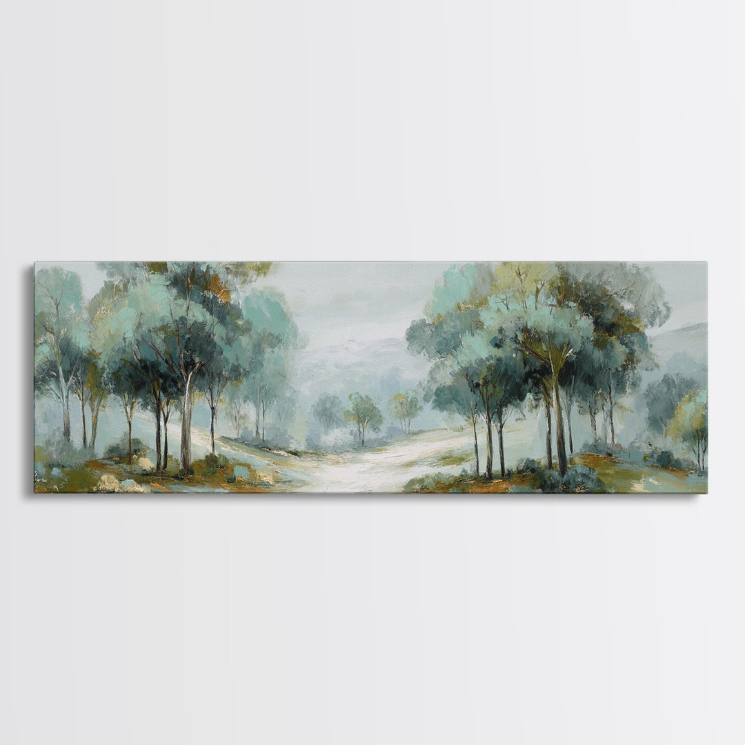 Misty Forest Path Framed Canvas Print, Waiting Room Art, Waiting Room Decor, Oil Painting, Calm, Office Wall Decor, WRA-3x1-51