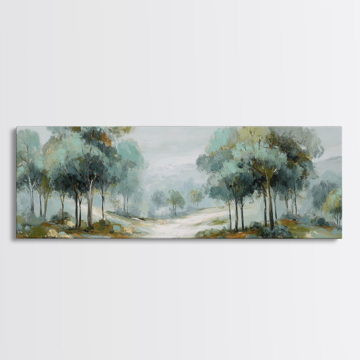 Misty Forest Path Framed Canvas Print, Waiting Room Art, Waiting Room Decor, Oil Painting, Calm, Office Wall Decor, WRA-3x1-51
