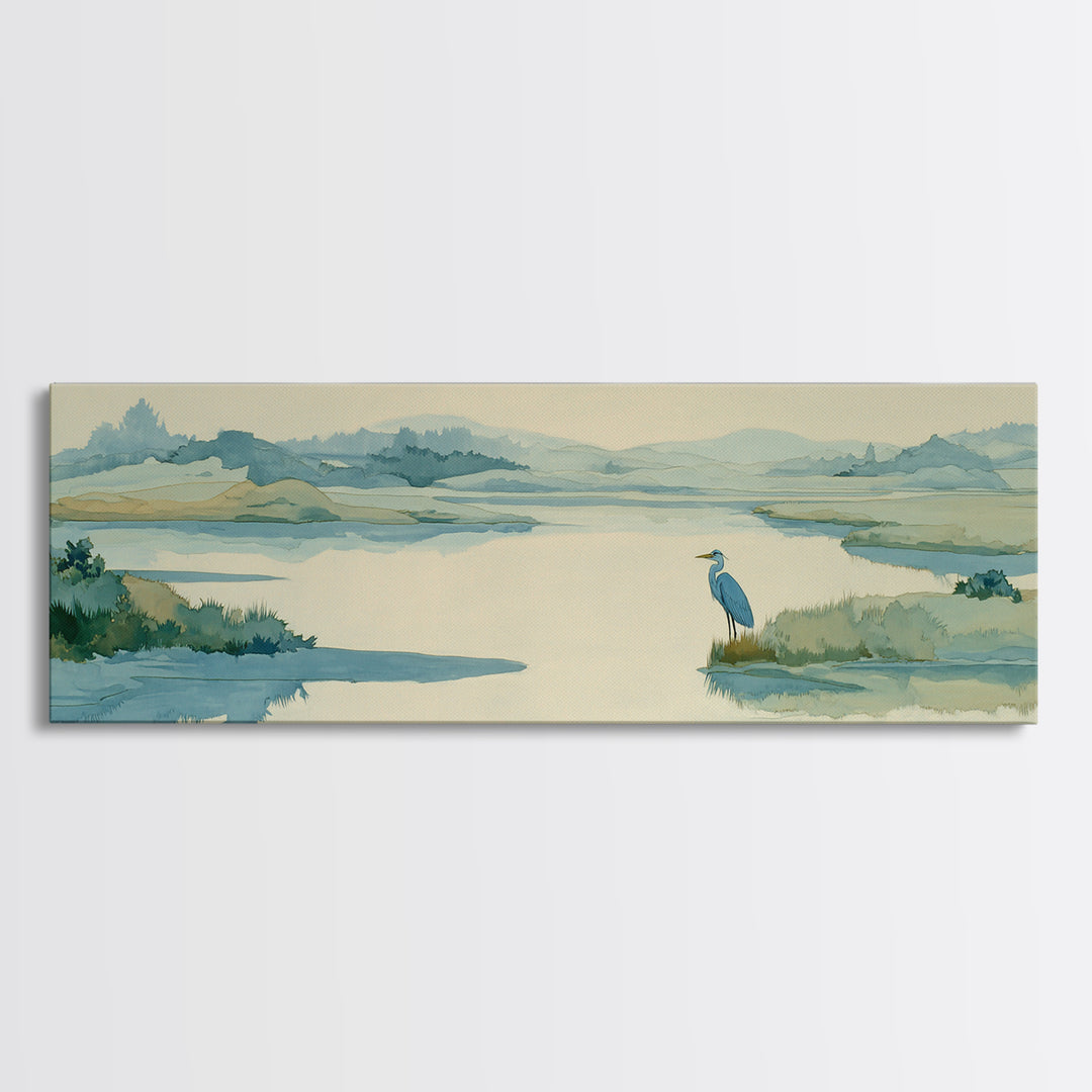 Blue Heron in Quiet Marsh Framed Canvas Print, Waiting Room Art, Room Decor, Waiting Room Decor, Abstract Art, Calm, WRA-3x1-52