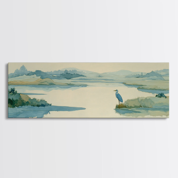 Blue Heron in Quiet Marsh Framed Canvas Print, Waiting Room Art, Room Decor, Waiting Room Decor, Abstract Art, Calm, WRA-3x1-52
