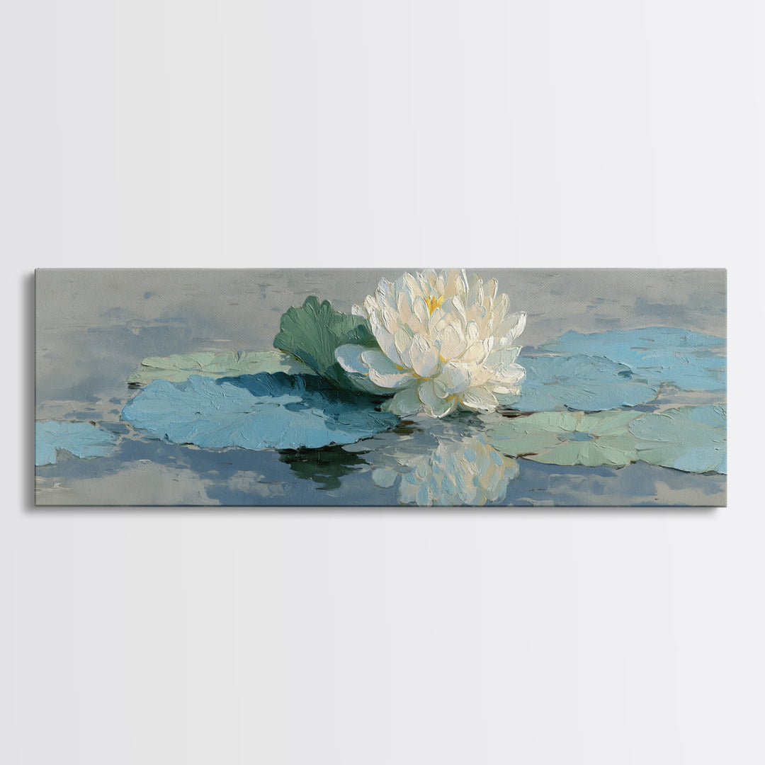Lotus Flower on Still Water Framed Canvas Print, Waiting Room Art, Contemporary Art, Waiting Room Decor, Oil Painting, Calm, WRA-3x1-55