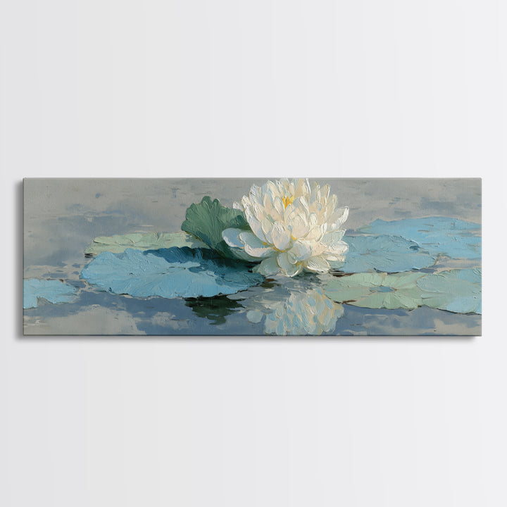 Lotus Flower on Still Water Framed Canvas Print, Waiting Room Art, Contemporary Art, Waiting Room Decor, Oil Painting, Calm, WRA-3x1-55