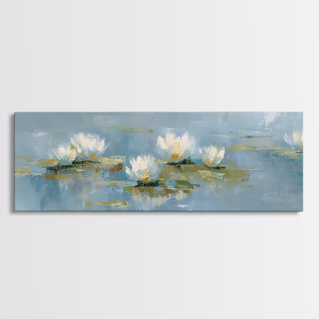 Lotus Flower on Still Water Framed Canvas Print, Waiting Room Art, Neutral Decor, Waiting Room Decor, Fine Art, Calm, WRA-3x1-7