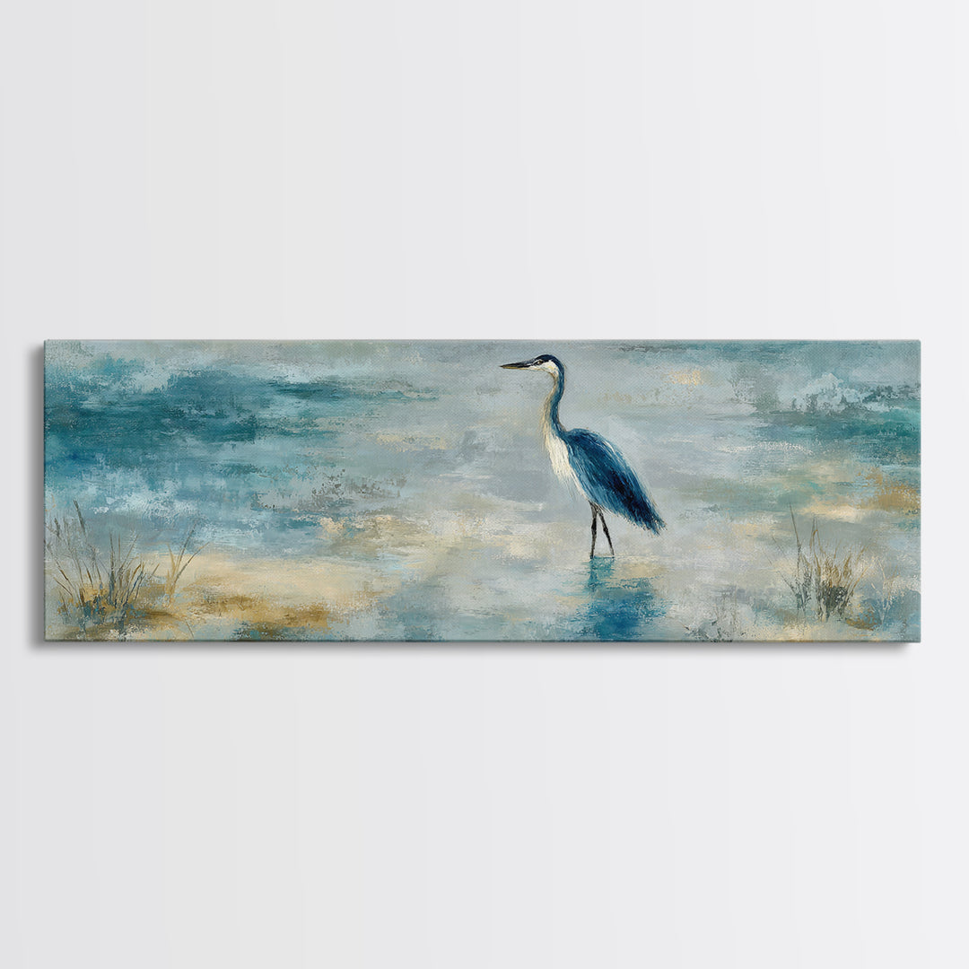 Blue Heron in Quiet Marsh Canvas Print, Waiting Room Art, Home Decor, Waiting Room Decor, Fine Art, Calm, Modern Art, WRA-3x1-76