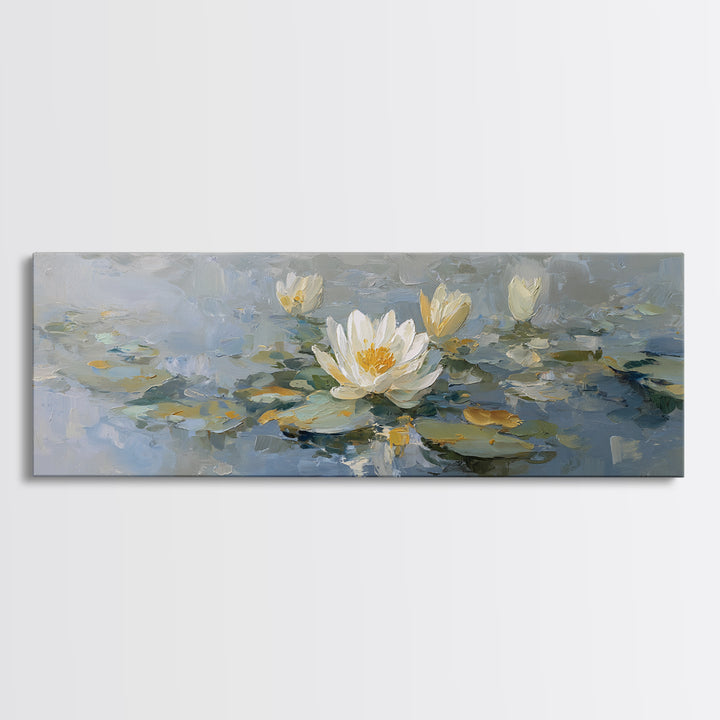 Lotus Flower on Still Water Framed Canvas Print, Waiting Room Art, Wall Sculpture, Waiting Room Decor, Watercolor Art, Calm, WRA-3x1-79