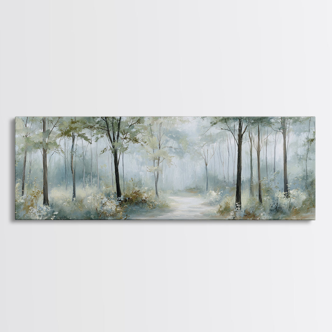 Misty Forest Path Framed Canvas Print, Waiting Room Art, Waiting Room Decor, Oil Painting, Calm, Office Wall Art, WRA-3x1-99
