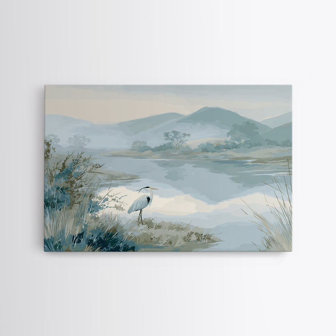 Blue Heron in Quiet Marsh Framed Canvas Print, Waiting Room Art, Landscape, Waiting Room Decor, Oil Painting, Calm, WRA-3x2-40