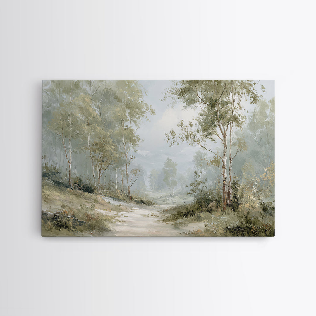Misty Forest Path Framed Canvas Print, Waiting Room Art, Wall Sculpture, Waiting Room Decor, Oil Painting, Calm, Dog Wall Art, WRA-3x2-63