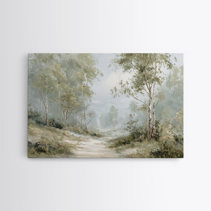 Misty Forest Path Framed Canvas Print, Waiting Room Art, Wall Sculpture, Waiting Room Decor, Oil Painting, Calm, Dog Wall Art, WRA-3x2-63