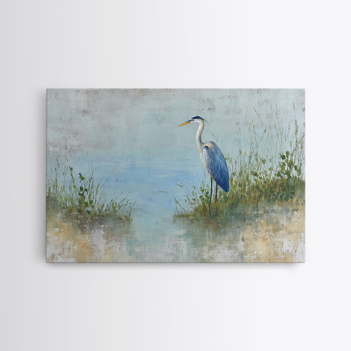Blue Heron in Quiet Marsh Framed Canvas Print, Waiting Room Art, Gallery Decor, Waiting Room Decor, Abstract Art, Calm, WRA-3x2-64