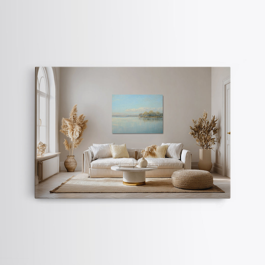 Peaceful Lake Reflection at Dawn Framed Canvas Print, Waiting Room Art, Living Room Wall Art, Waiting Room Decor, Calm, WRA-3x2-8