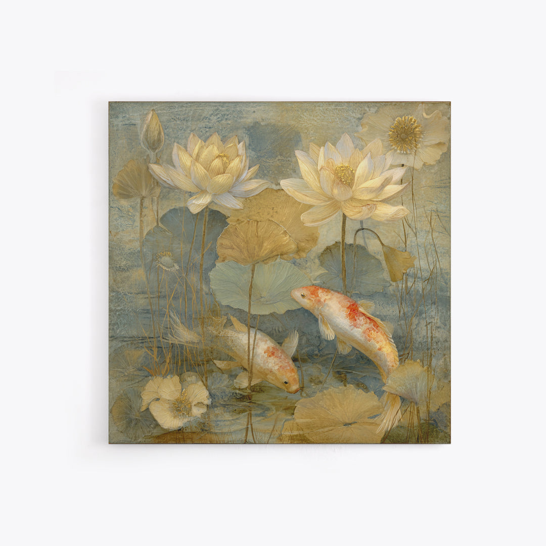 Lotus and Koi Water Scene Framed Canvas Print, Yoga Studio Art, Minimalist Art, Yoga Studio Decor, Fine Art, Balance, YSA-1x1-46