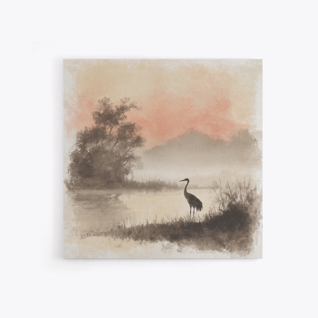 White Crane in Misty Morning Framed Canvas Print, Yoga Studio Art, Gym Art, Yoga Studio Decor, Balance, Minimalist Decor, YSA-1x1-63
